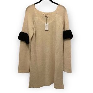 NWT Raven + Lily Cream Handmade Knit Fringe Sleeve Sweater Dress size Large